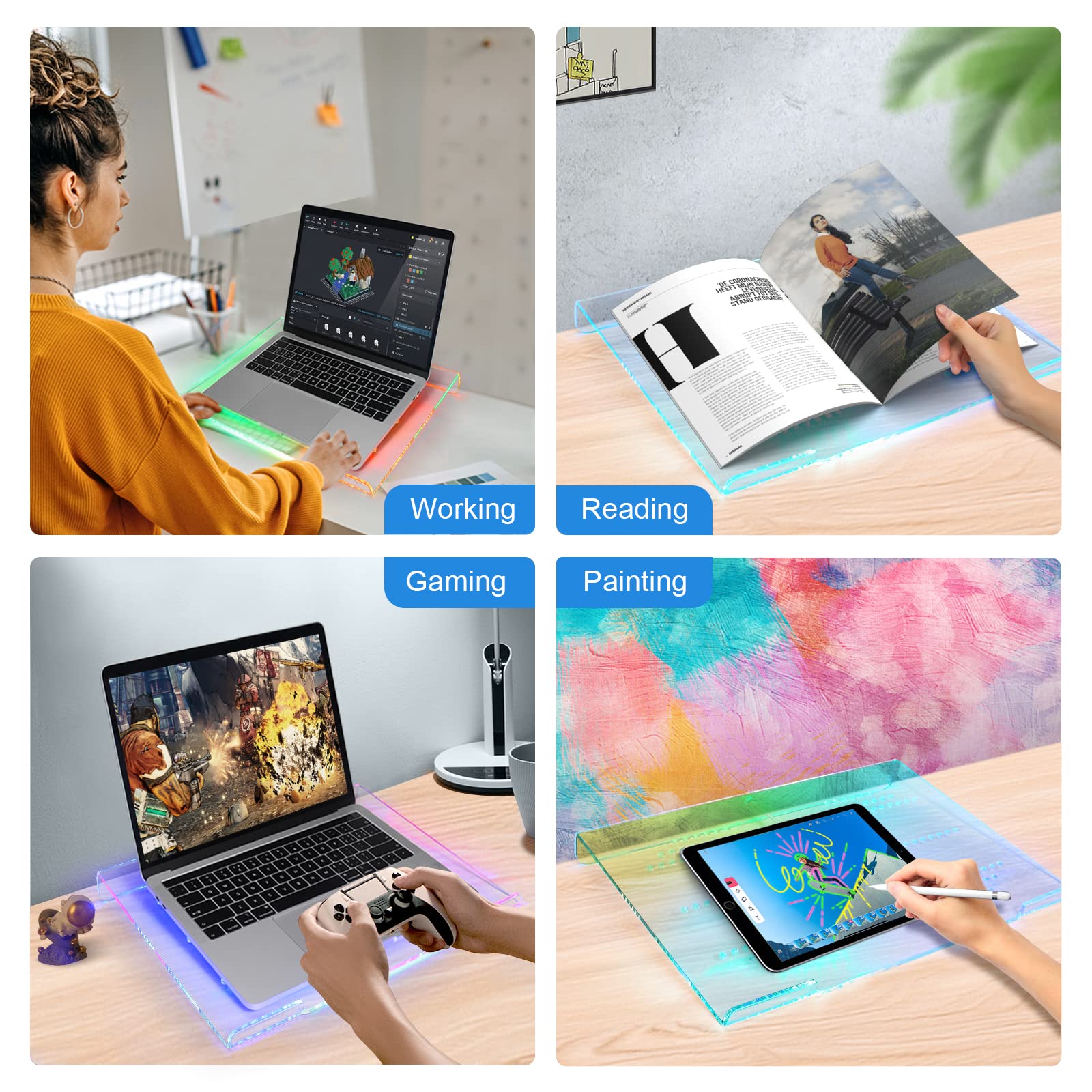 Acrylic Laptop Stand Clear Tablet Holder with 366 Kinds of RGB Backlight,Multiple Heat Dissipation Vents Ergonomic Tilted Mount Riser for - View 7 of 7