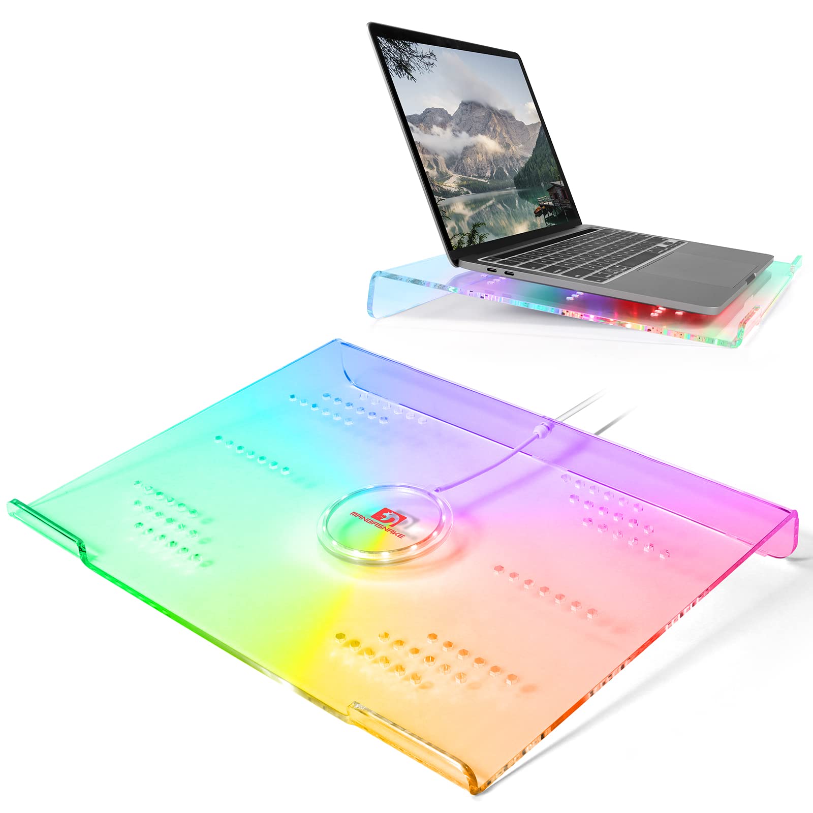 Acrylic Laptop Stand Clear Tablet Holder with 366 Kinds of RGB Backlight,Multiple Heat Dissipation Vents Ergonomic Tilted Mount Riser for