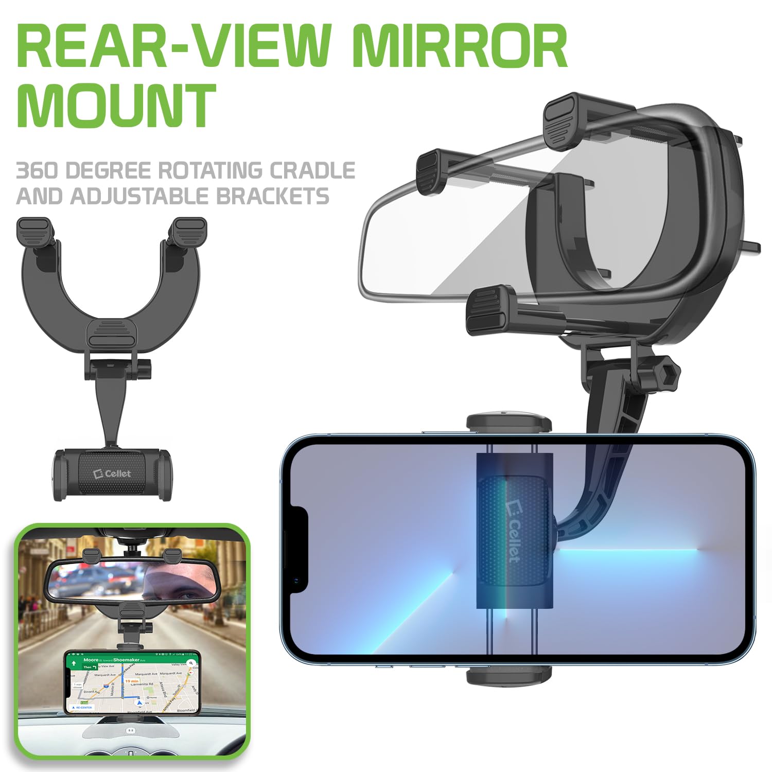 Cellet Vehicle Rear View Mirror Phone Holder Mount Universal Smartphone Cradle Compatible to iPhone 14 Pro Max Mini SE 13 12 11 XR XS Galaxy Z Flip Z - View 2 of 8