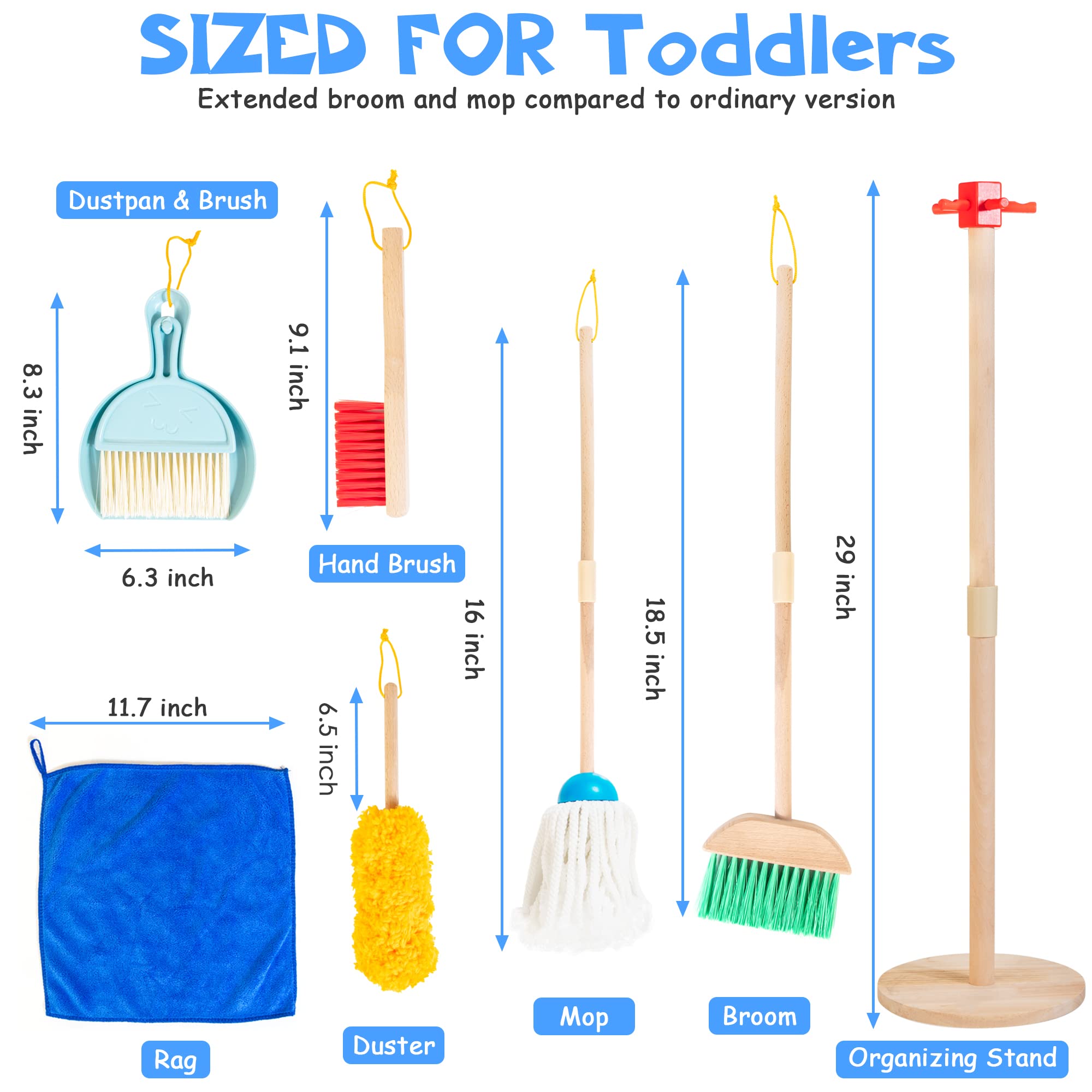 WOODMAM WOODMAM Wooden Kids Cleaning Set 8 Pieces Montessori Broom and Mop Toy Gift for Toddlers Ages 3 Plus - View 2 of 7