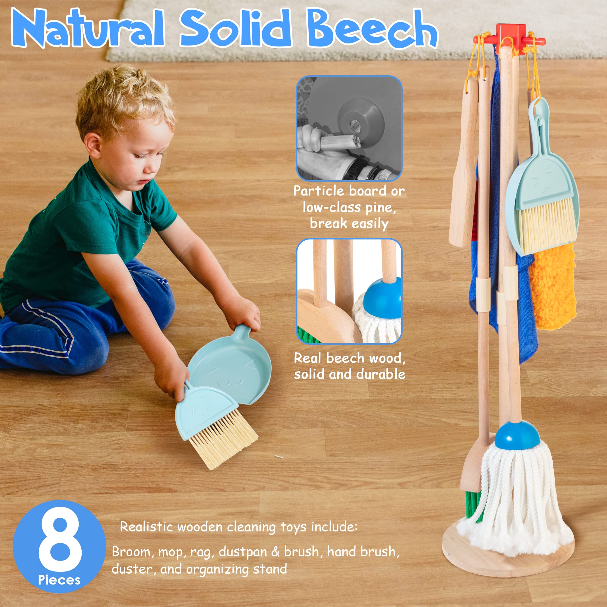 WOODMAM WOODMAM Wooden Kids Cleaning Set 8 Pieces Montessori Broom and Mop Toy Gift for Toddlers Ages 3 Plus - View 3 of 7