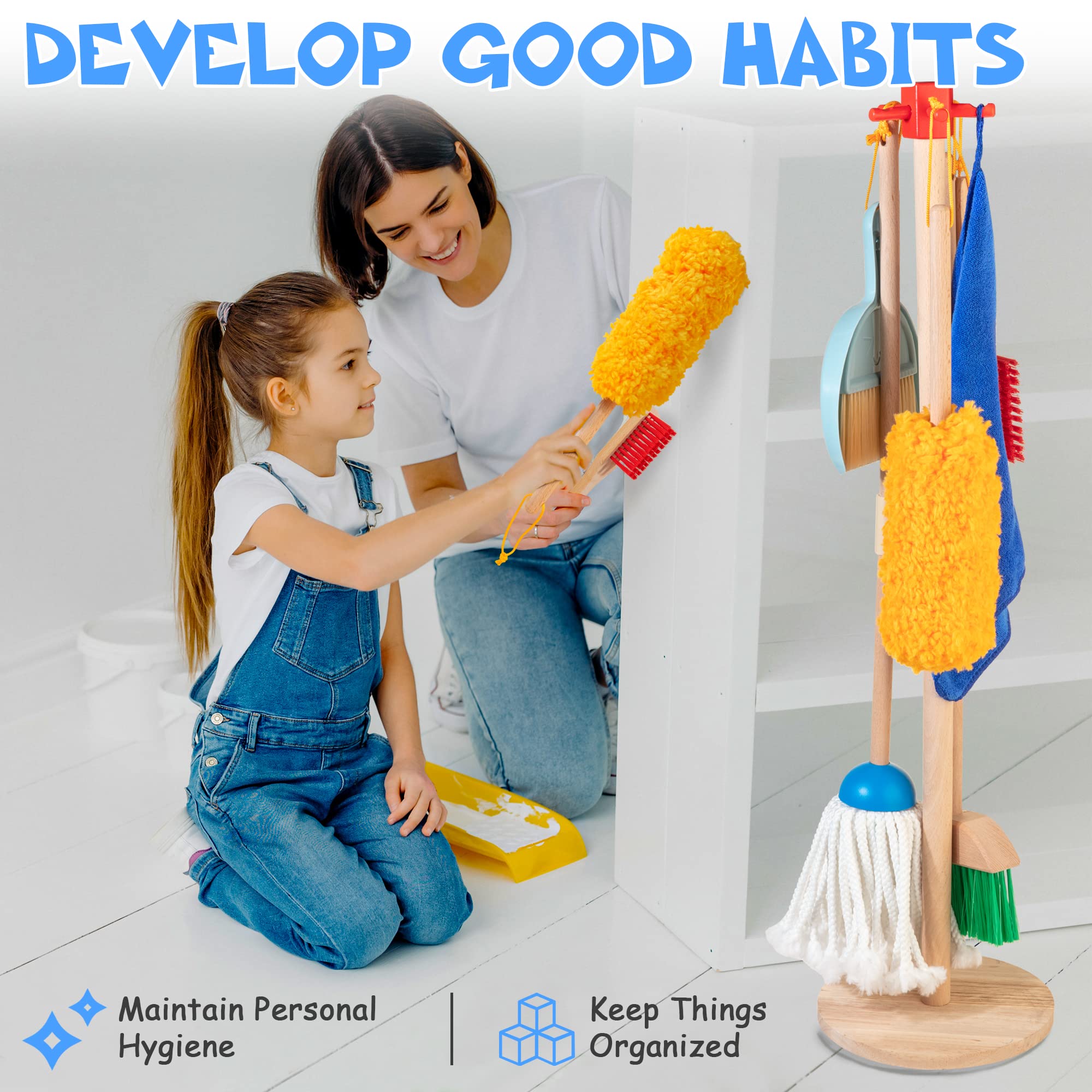 WOODMAM WOODMAM Wooden Kids Cleaning Set 8 Pieces Montessori Broom and Mop Toy Gift for Toddlers Ages 3 Plus - View 6 of 7