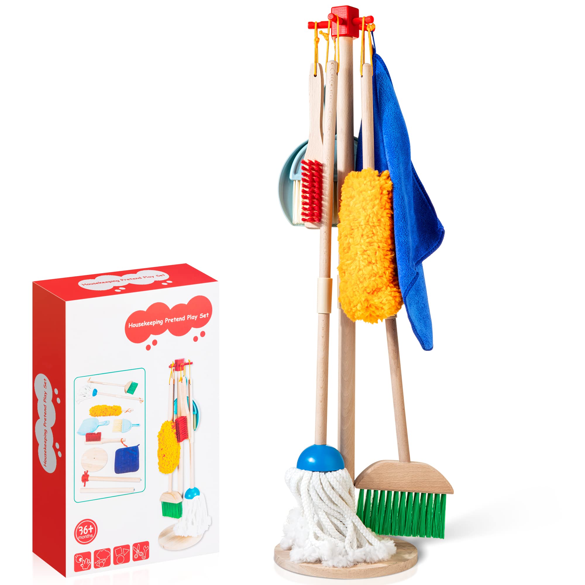 WOODMAM WOODMAM Wooden Kids Cleaning Set 8 Pieces Montessori Broom and Mop Toy Gift for Toddlers Ages 3 Plus