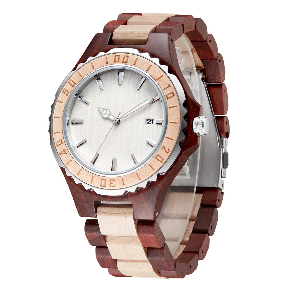 Tiong Tiong Vintage Simple Quartz Wood Men's Watch with All Wood Bracelet and Folding Buckle Fashionable Wooden Wrist Strap for Men