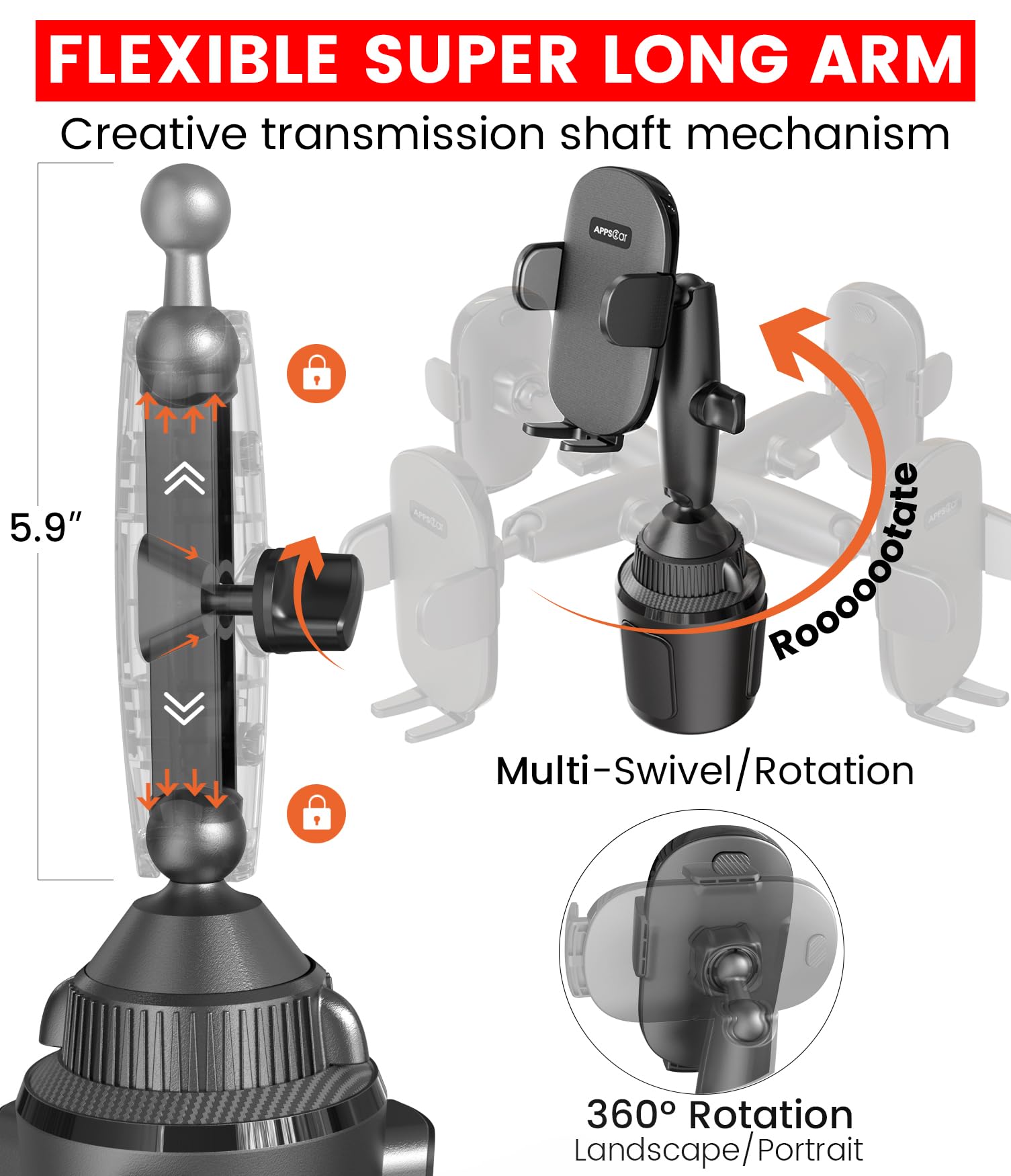 APPS2Car Sturdy Cup Phone Holder Mount for Car, Adjustable Height and Reach, Flexible Long Arm with Multi-Ball Pivot, One-Hand Operation, Compatible - View 3 of 9