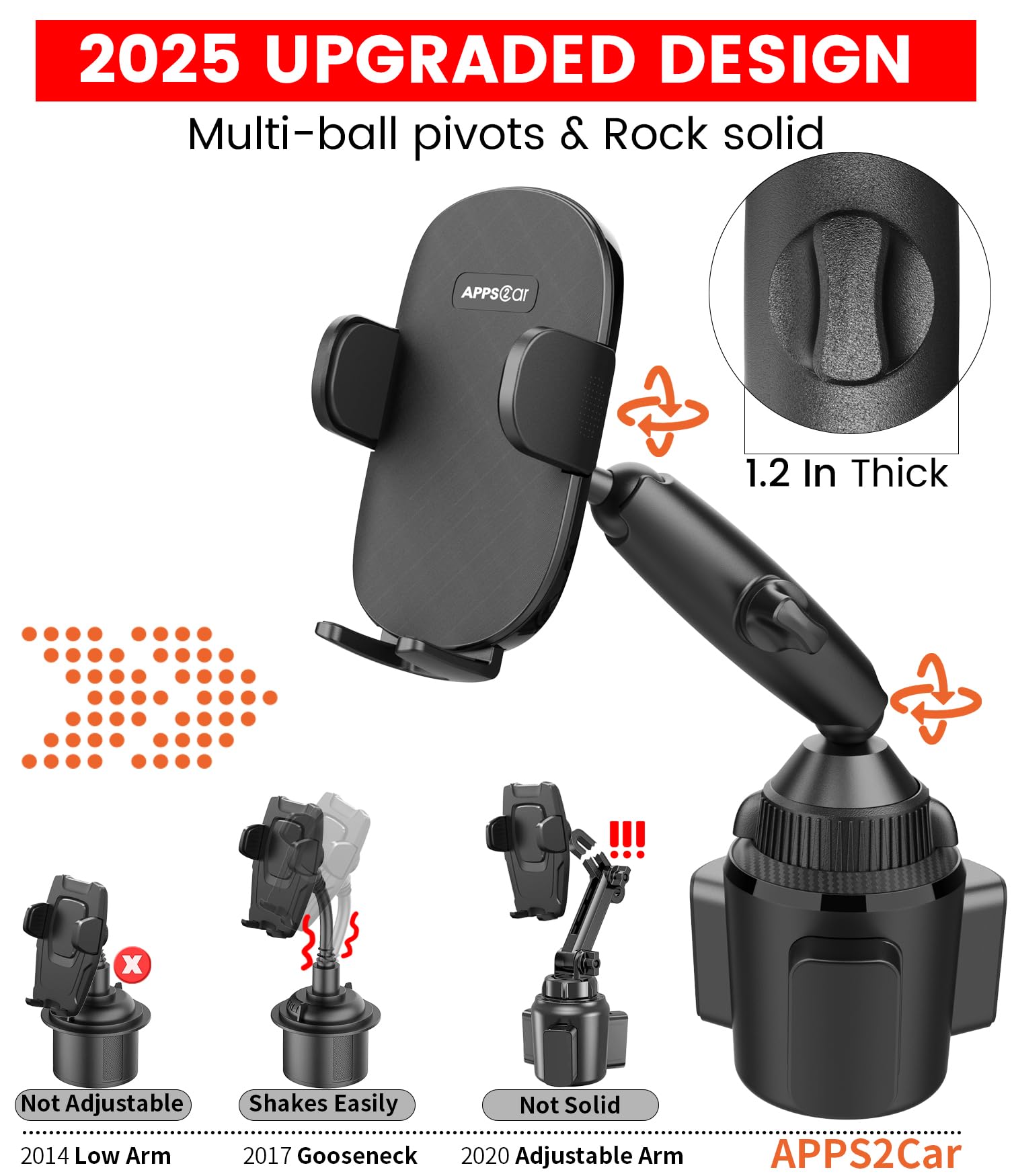 APPS2Car Sturdy Cup Phone Holder Mount for Car, Adjustable Height and Reach, Flexible Long Arm with Multi-Ball Pivot, One-Hand Operation, Compatible - View 4 of 9