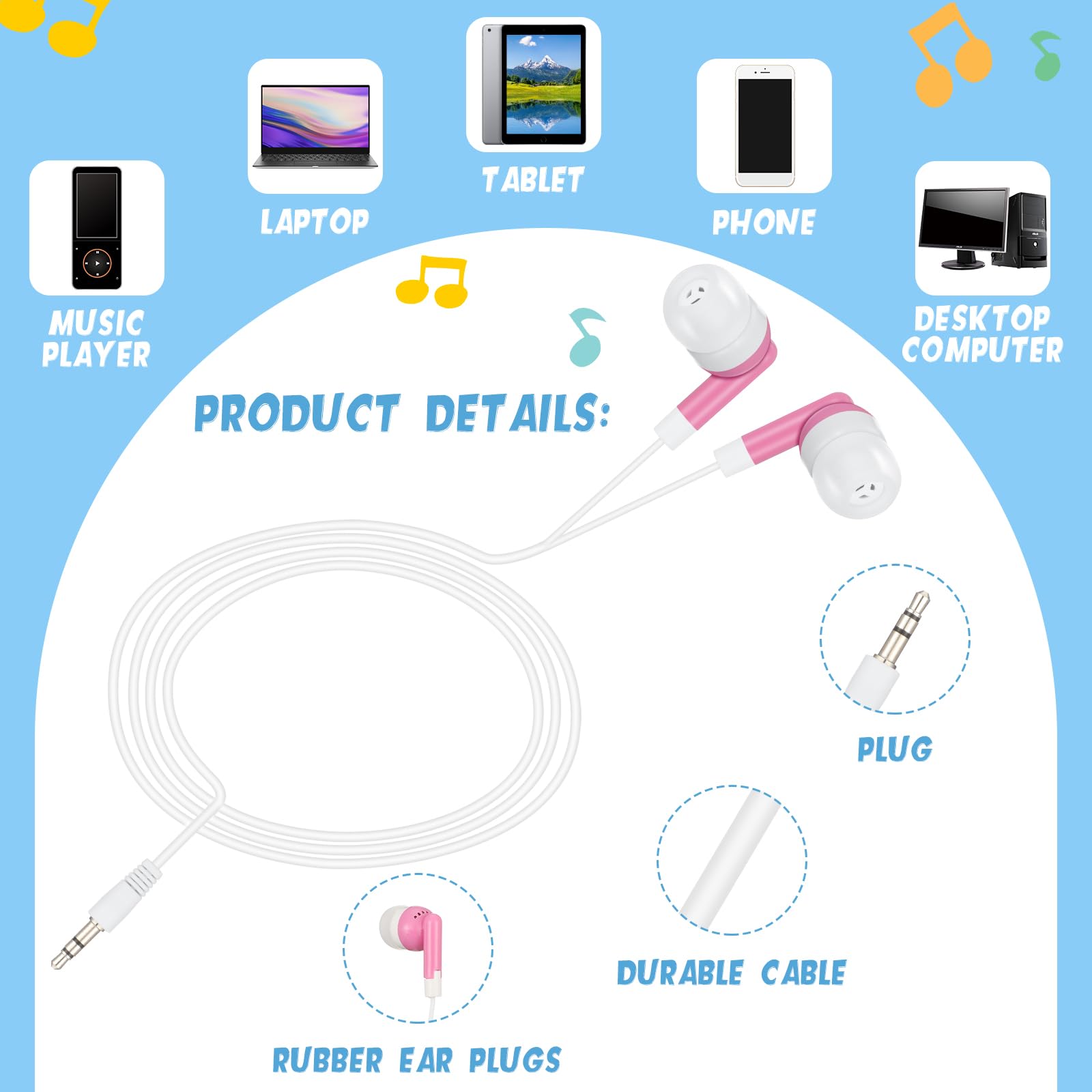 Kigeli 100 Pcs Kids Bulk Earbud Headphones for Classroom Student Wired Headphones in-Ear Earbud 3.5 mm Disposable Earphones Set for Kids Adult Class - View 3 of 7