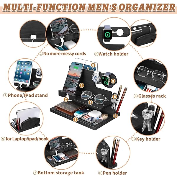 T TARANTO Wood Phone Docking Station: Stylish Nightstand Charger & Organizer - Perfect Bedside Gift for Men - View 5 of 10