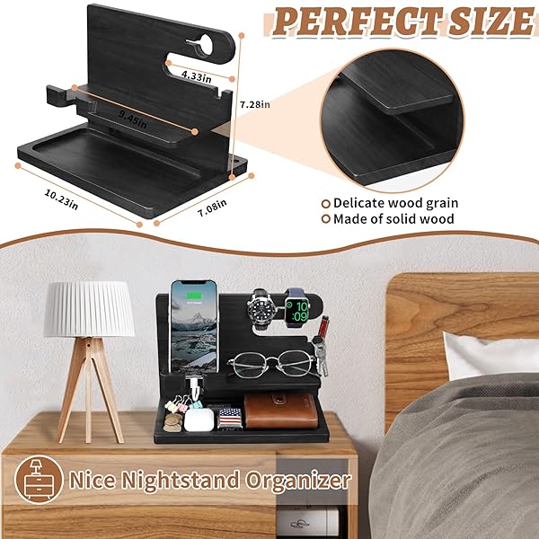 T TARANTO Wood Phone Docking Station: Stylish Nightstand Charger & Organizer - Perfect Bedside Gift for Men - View 7 of 10