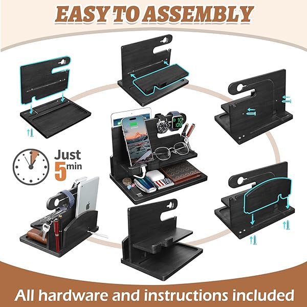 T TARANTO Wood Phone Docking Station: Stylish Nightstand Charger & Organizer - Perfect Bedside Gift for Men - View 8 of 10