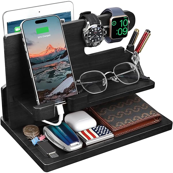 T TARANTO Wood Phone Docking Station: Stylish Nightstand Charger & Organizer - Perfect Bedside Gift for Men - View 3 of 10