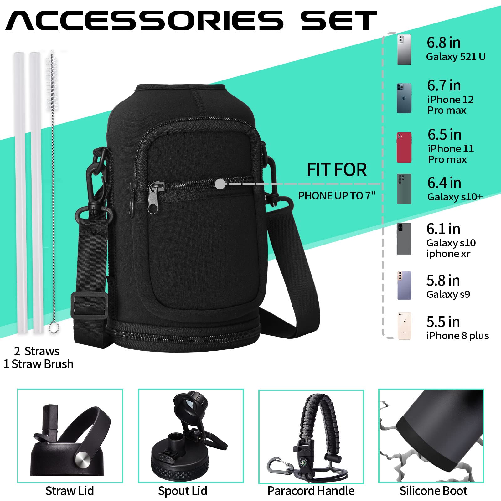 DIGJUPER Half Gallon Insulated Water Bottle with Straw and Spout Lid Paracord Handle and Carrier Bag 64oz Vacuum Stainless Steel Keeps Cold 48h Hot 24h - View 2 of 7