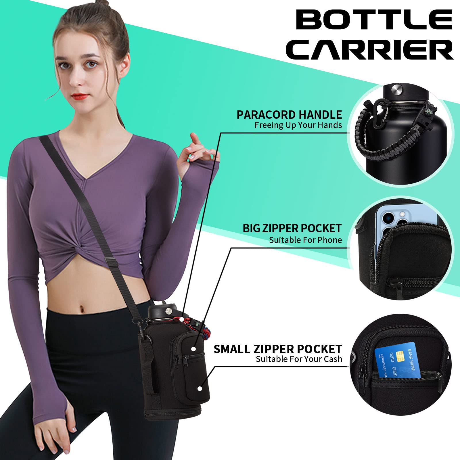 DIGJUPER Half Gallon Insulated Water Bottle with Straw and Spout Lid Paracord Handle and Carrier Bag 64oz Vacuum Stainless Steel Keeps Cold 48h Hot 24h - View 6 of 7