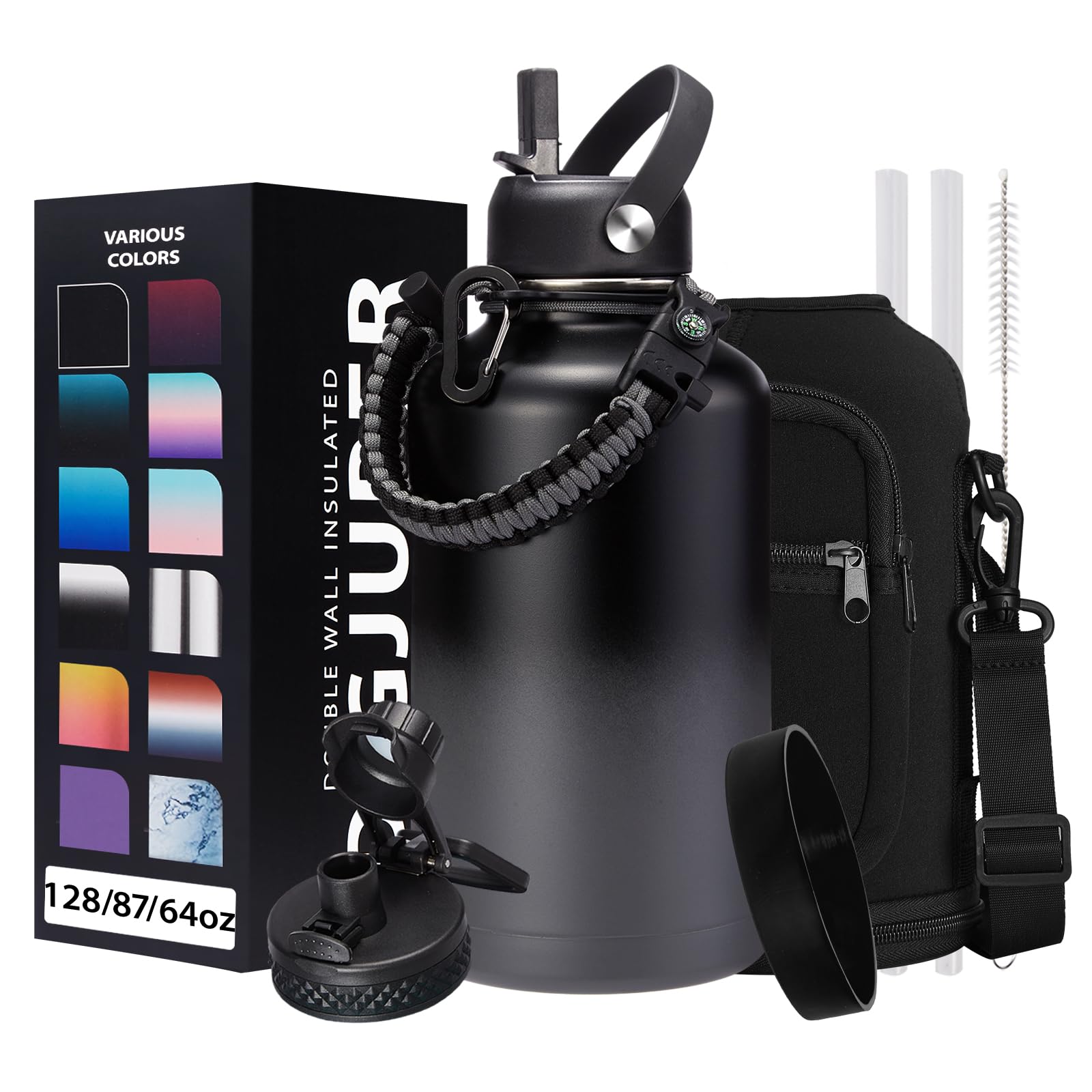 DIGJUPER Half Gallon Insulated Water Bottle with Straw and Spout Lid Paracord Handle and Carrier Bag 64oz Vacuum Stainless Steel Keeps Cold 48h Hot 24h