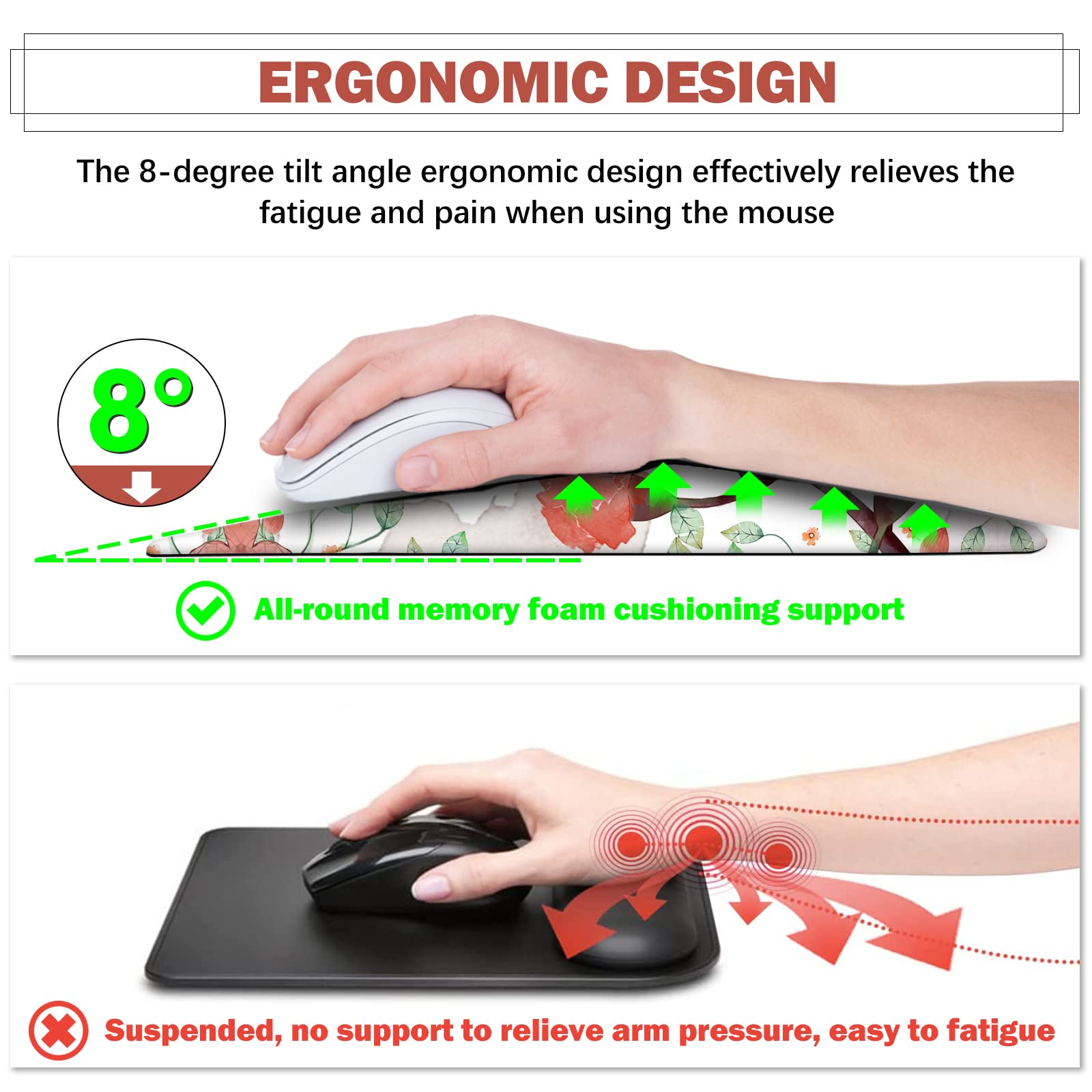 AIMSA Ergonomic Mouse Pad Wrist Rest Support, Thick Mousepad Upgraded Memory Foam, Pain Relief and Non-Slip PU Base for Home Office, Butterfly Flower - View 3 of 8