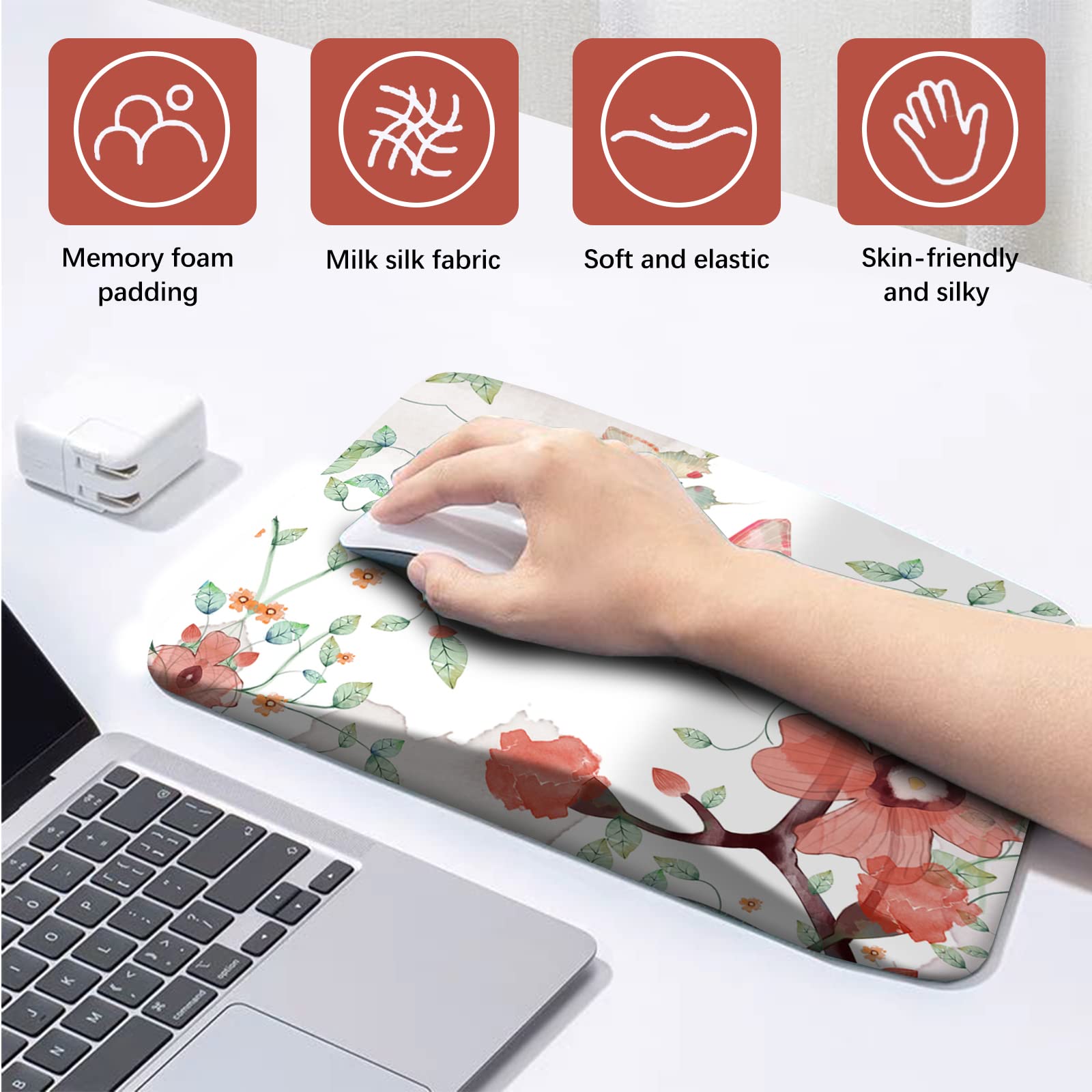 AIMSA Ergonomic Mouse Pad Wrist Rest Support, Thick Mousepad Upgraded Memory Foam, Pain Relief and Non-Slip PU Base for Home Office, Butterfly Flower - View 5 of 8