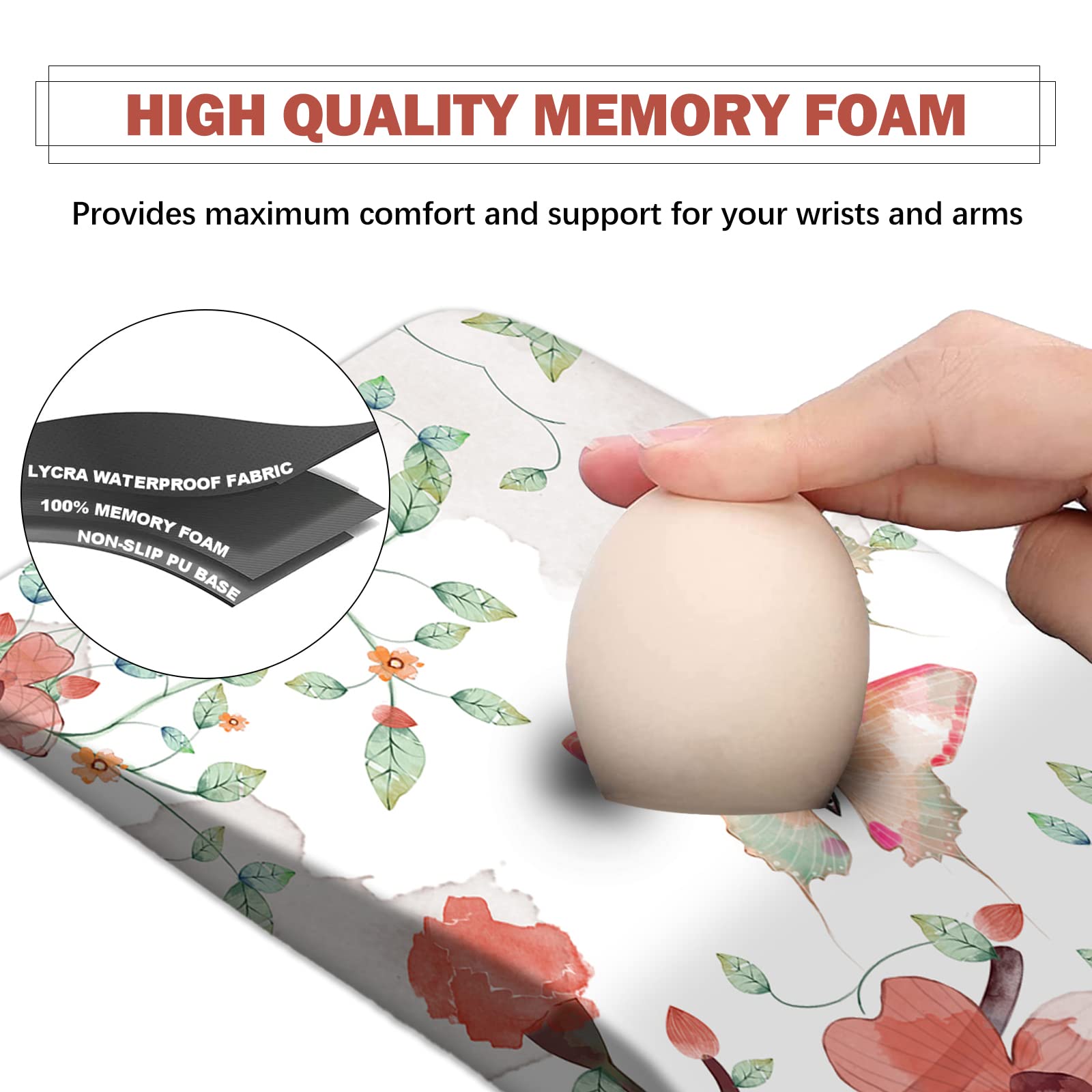 AIMSA Ergonomic Mouse Pad Wrist Rest Support, Thick Mousepad Upgraded Memory Foam, Pain Relief and Non-Slip PU Base for Home Office, Butterfly Flower - View 6 of 8