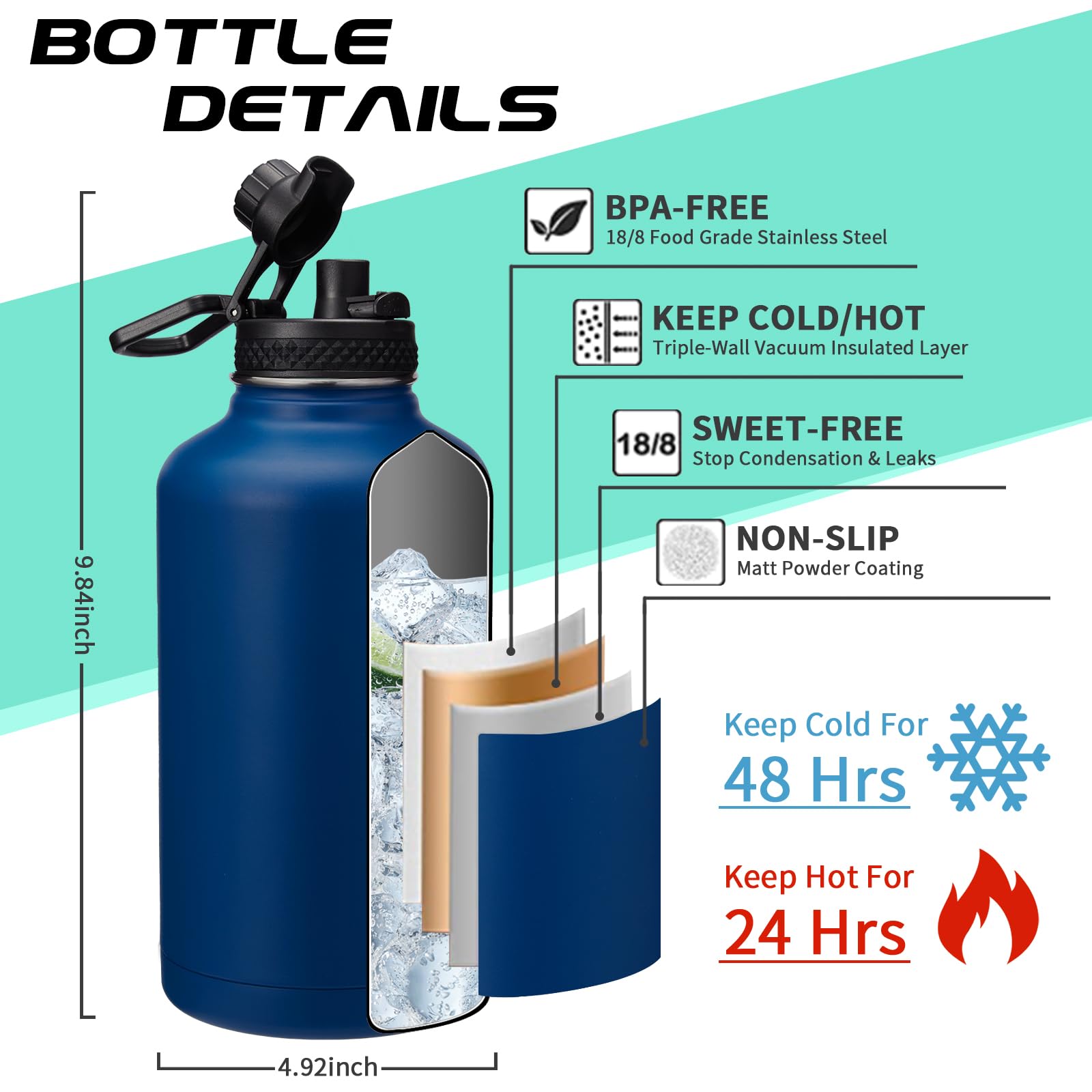 DIGJUPER 64OZ Insulated Water Bottle with Straw and Spout Lid Stainless Steel Half Gallon Jug Keeps Cold 48 Hours Hot 24 Hours Ideal for Hiking Camping Sports - View 4 of 8