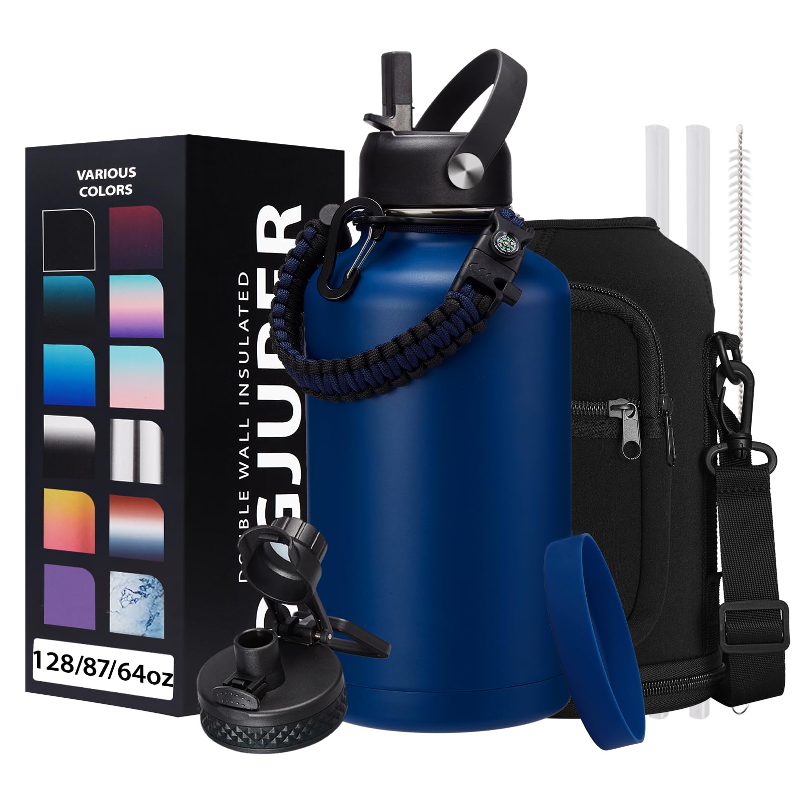 DIGJUPER 64OZ Insulated Water Bottle with Straw and Spout Lid Stainless Steel Half Gallon Jug Keeps Cold 48 Hours Hot 24 Hours Ideal for Hiking Camping Sports