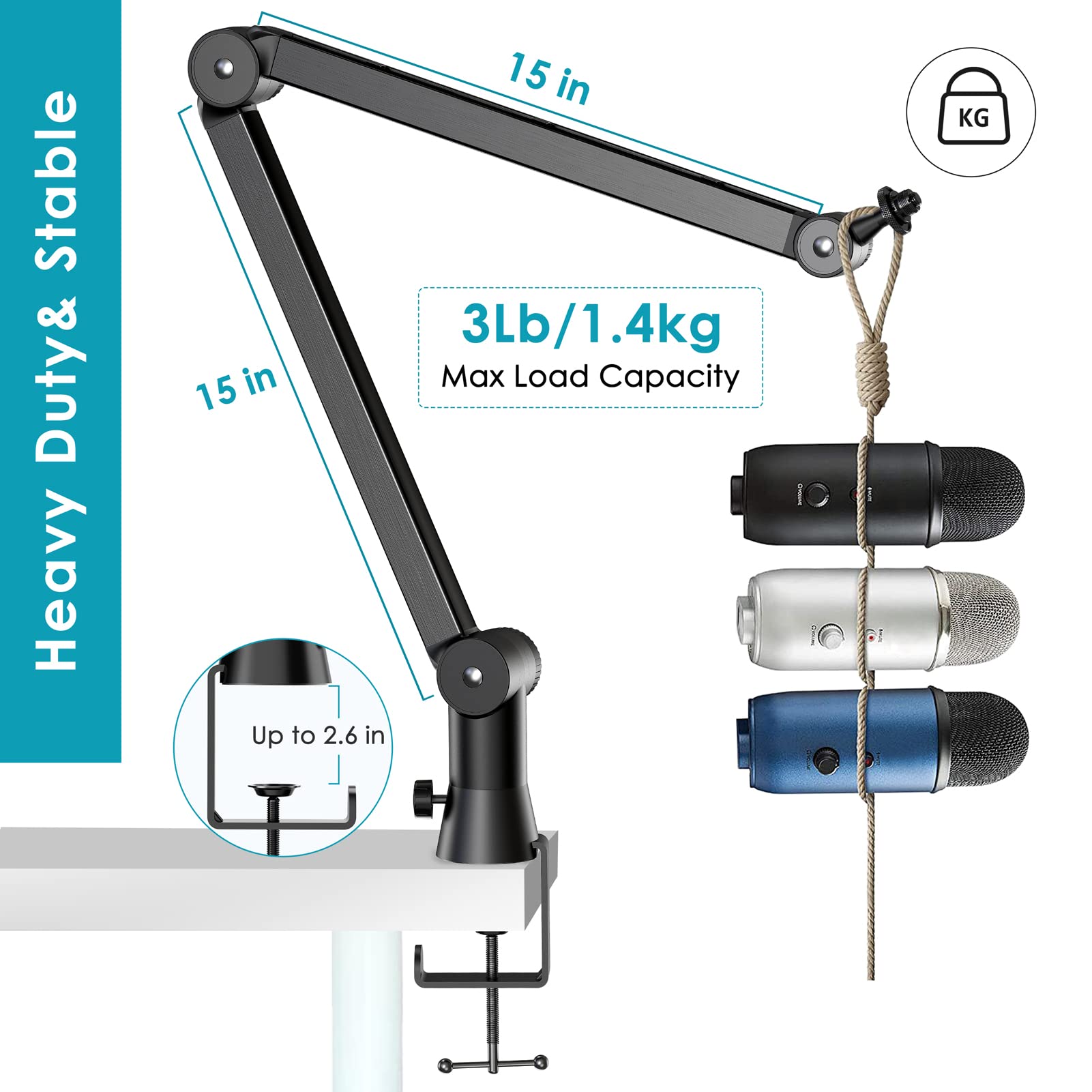 YOUSHARES Blue Yeti Mic Stand with Blue Yeti Pop Filter - Premium Mic Arm for Blue yeti, Heavy Duty Boom Arm with Cable Management, 3 8" to 5 8" - View 2 of 7