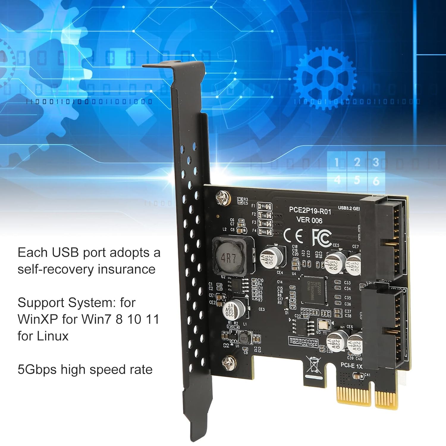 Zunate Zunate PCIe to USB 3.2 GEN1 Card Dual Port 19PIN Expansion Card for Windows and Linux High Speed 5Gbps Performance - View 3 of 9