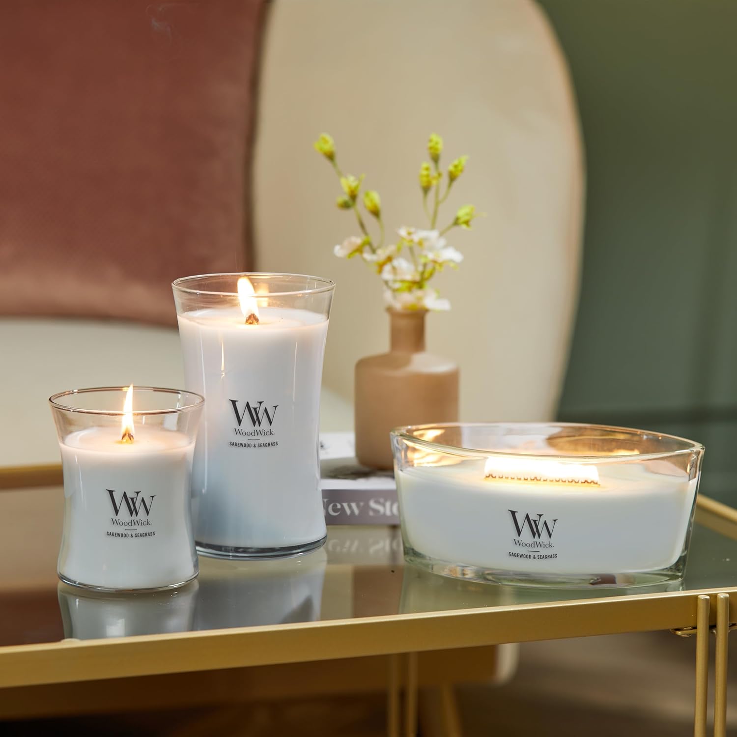 WoodWick WoodWick Medium Hourglass Candle Sagewood Seagrass Premium Soy Blend Wax Pluswick Innovation Made in USA - View 6 of 8