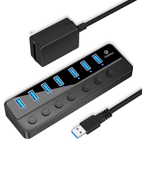 Q QEEFUN Qeefun 7-Port USB 3.0 Hub with LED Switches and Power Support for Laptop Desktop PC iMac and More