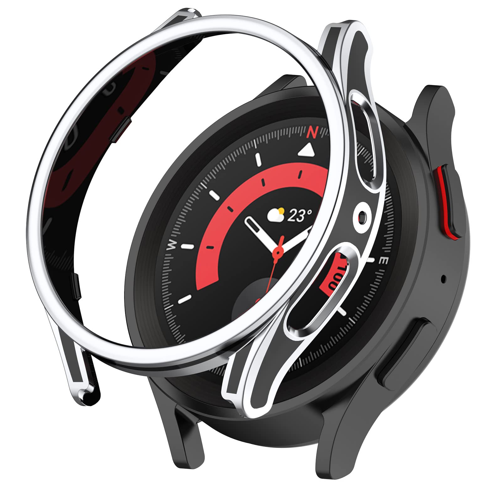 LOKEKE Compatible with Samsung Galaxy Watch 5 4 44MM PC Protective Watch Case Cover with Tempered Glass Screen Protector(Black + Silver) - View 2 of 6