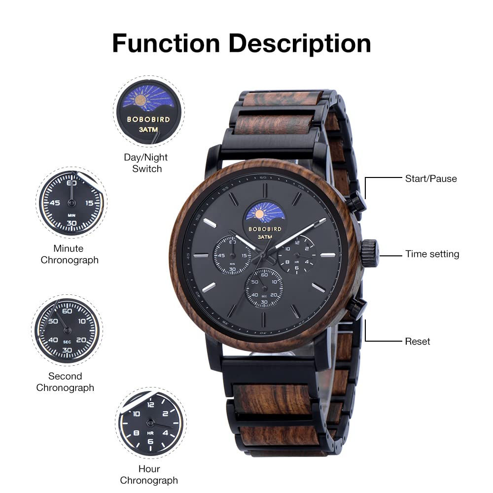 Personalized Wooden Watch for Men Custom Engraved Gift for Husband Boyfriend Dad Anniversary Christmas Father's Day Day Night Pattern - View 3 of 8