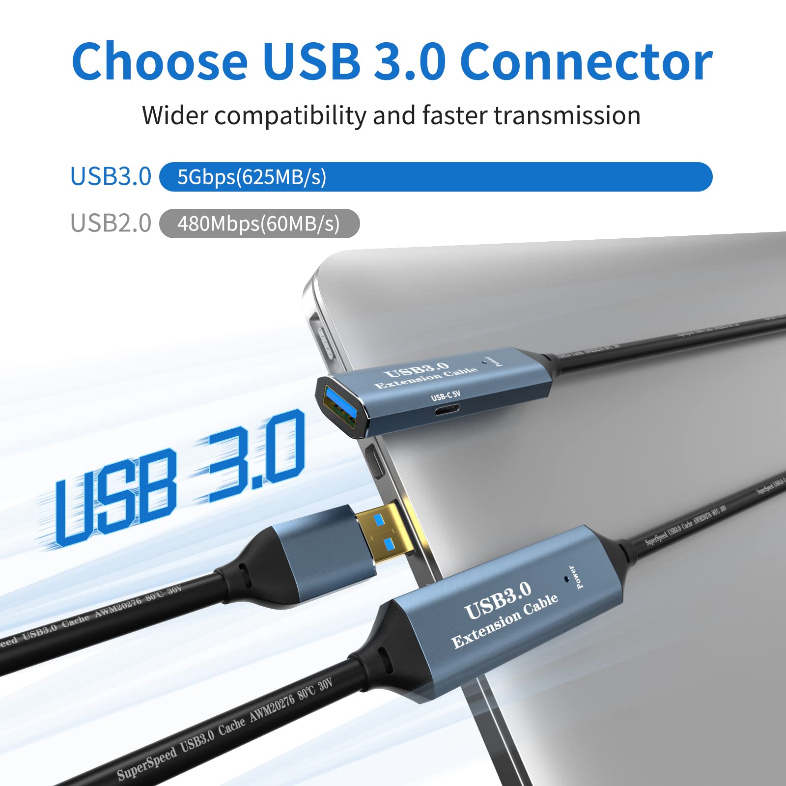 SSS·GRGB SSS GRGB USB 3.0 Extension Cable 100FT Type A Male to Female Active Extender with Signal Booster and USB-C Charging Port for Devices - View 2 of 8