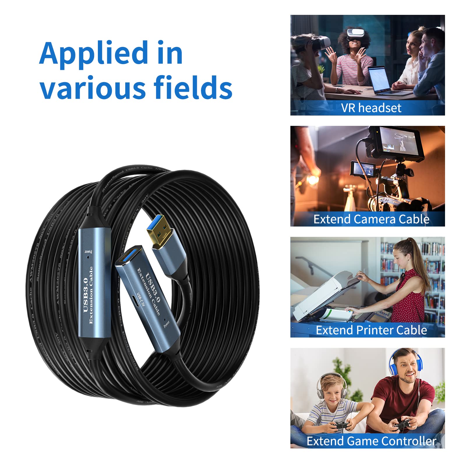 SSS·GRGB SSS GRGB USB 3.0 Extension Cable 100FT Type A Male to Female Active Extender with Signal Booster and USB-C Charging Port for Devices - View 8 of 8