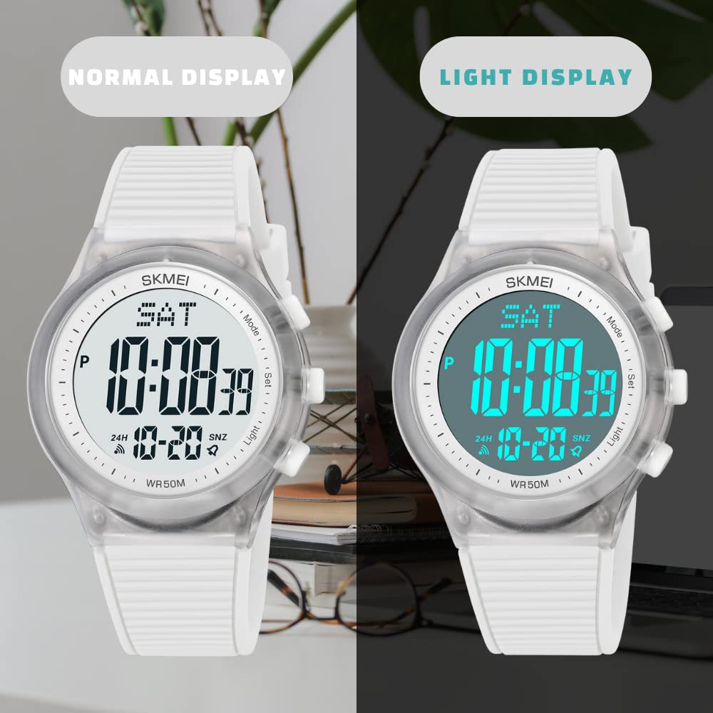 Digital Waterproof Sports Watch for Women and Men Unisex Outdoor Rubber Strap Multifunction Wristwatch with Luminous Display White - View 2 of 8