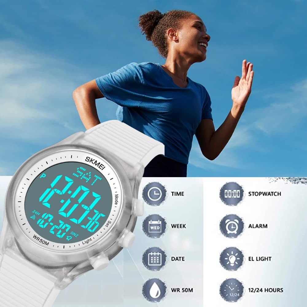 Digital Waterproof Sports Watch for Women and Men Unisex Outdoor Rubber Strap Multifunction Wristwatch with Luminous Display White - View 3 of 8