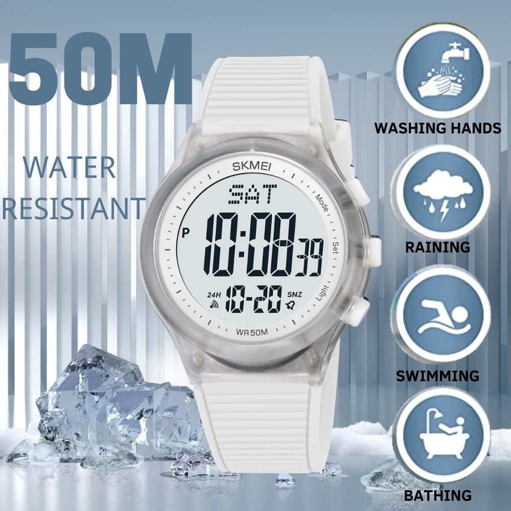 Digital Waterproof Sports Watch for Women and Men Unisex Outdoor Rubber Strap Multifunction Wristwatch with Luminous Display White - View 4 of 8