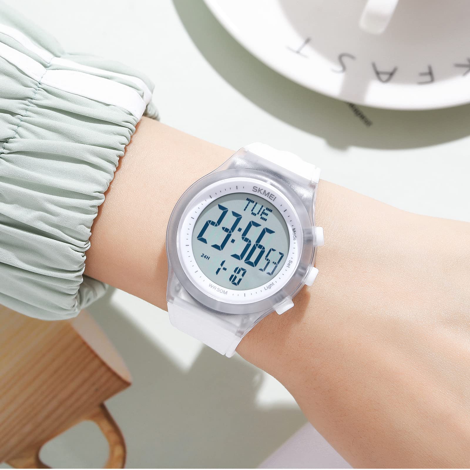 Digital Waterproof Sports Watch for Women and Men Unisex Outdoor Rubber Strap Multifunction Wristwatch with Luminous Display White - View 6 of 8