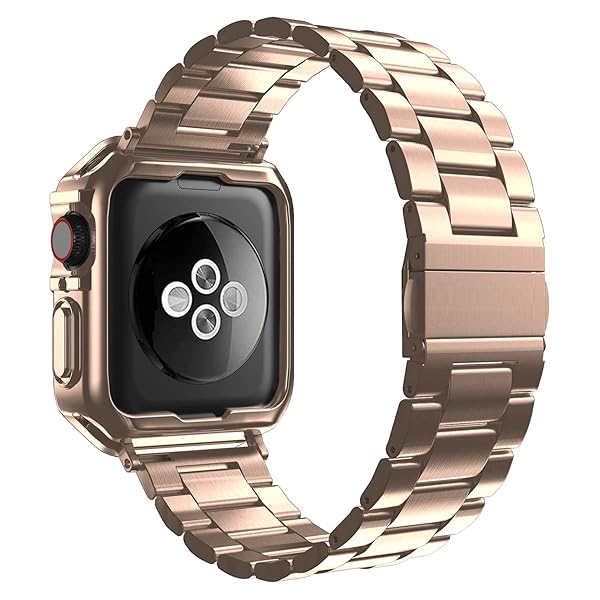 iTecFree iTecFree Apple Watch Metal Band with Case 45mm 44mm 42mm Stainless Steel Sports Strap and TPU Soft Case for iWatch SE Series 1 to 8 Rose Gold - View 6 of 9