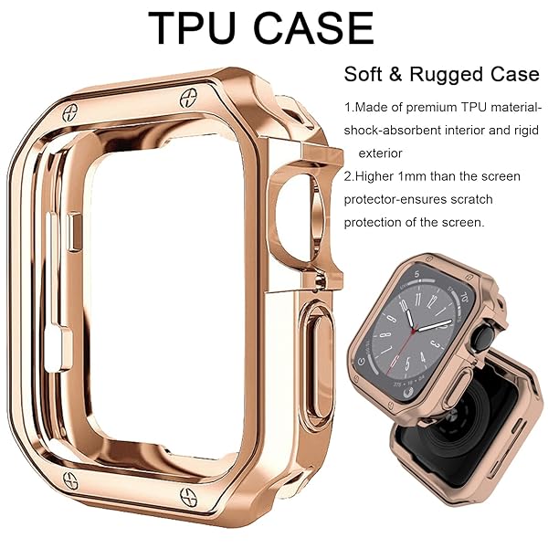 iTecFree iTecFree Apple Watch Metal Band with Case 45mm 44mm 42mm Stainless Steel Sports Strap and TPU Soft Case for iWatch SE Series 1 to 8 Rose Gold - View 7 of 9