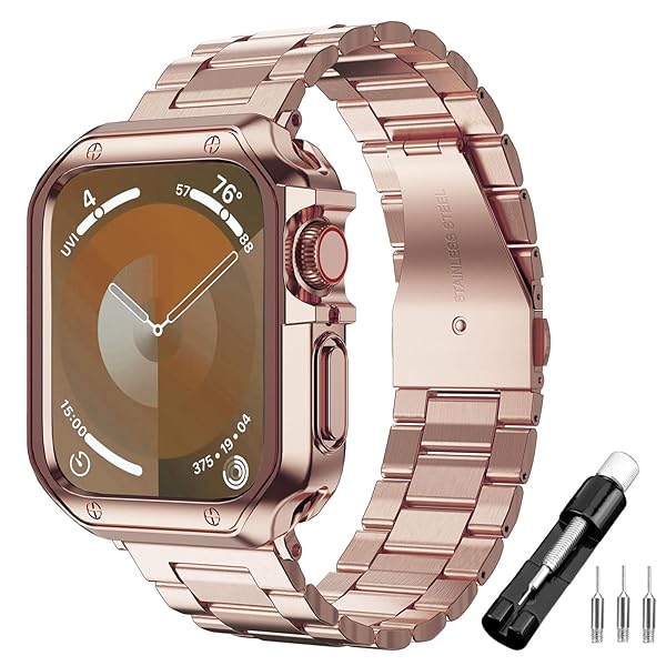 iTecFree iTecFree Apple Watch Metal Band with Case 45mm 44mm 42mm Stainless Steel Sports Strap and TPU Soft Case for iWatch SE Series 1 to 8 Rose Gold - View 3 of 9