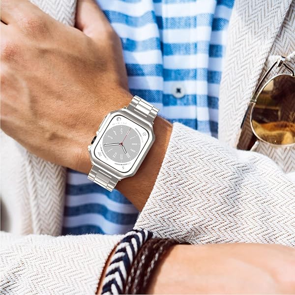 iTecFree iTecFree Apple Watch 9 Metal Band and Case Stainless Steel Strap TPU Soft Rugged for iWatch SE Series 9 8 7 6 5 4 42mm 44mm 45mm Starlight - View 4 of 9