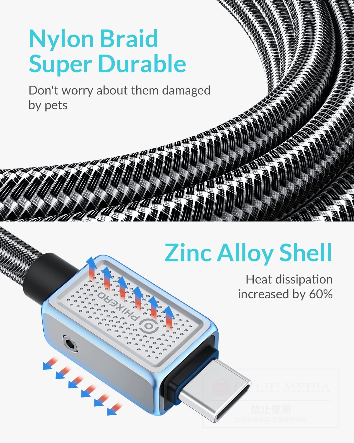 PHIXERO PHIXERO 240W USB C to USB C Cable Zine Alloy 20Gbps 1.6ft Black High Speed Charging and Data Transfer Cable - View 5 of 7