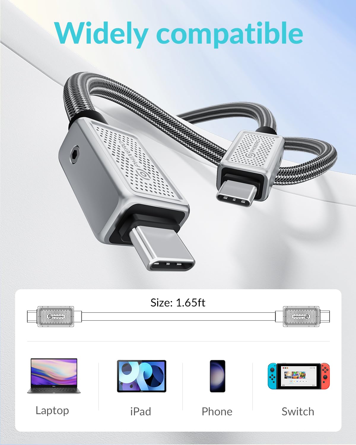 PHIXERO PHIXERO 240W USB C to USB C Cable Zine Alloy 20Gbps 1.6ft Black High Speed Charging and Data Transfer Cable - View 7 of 7