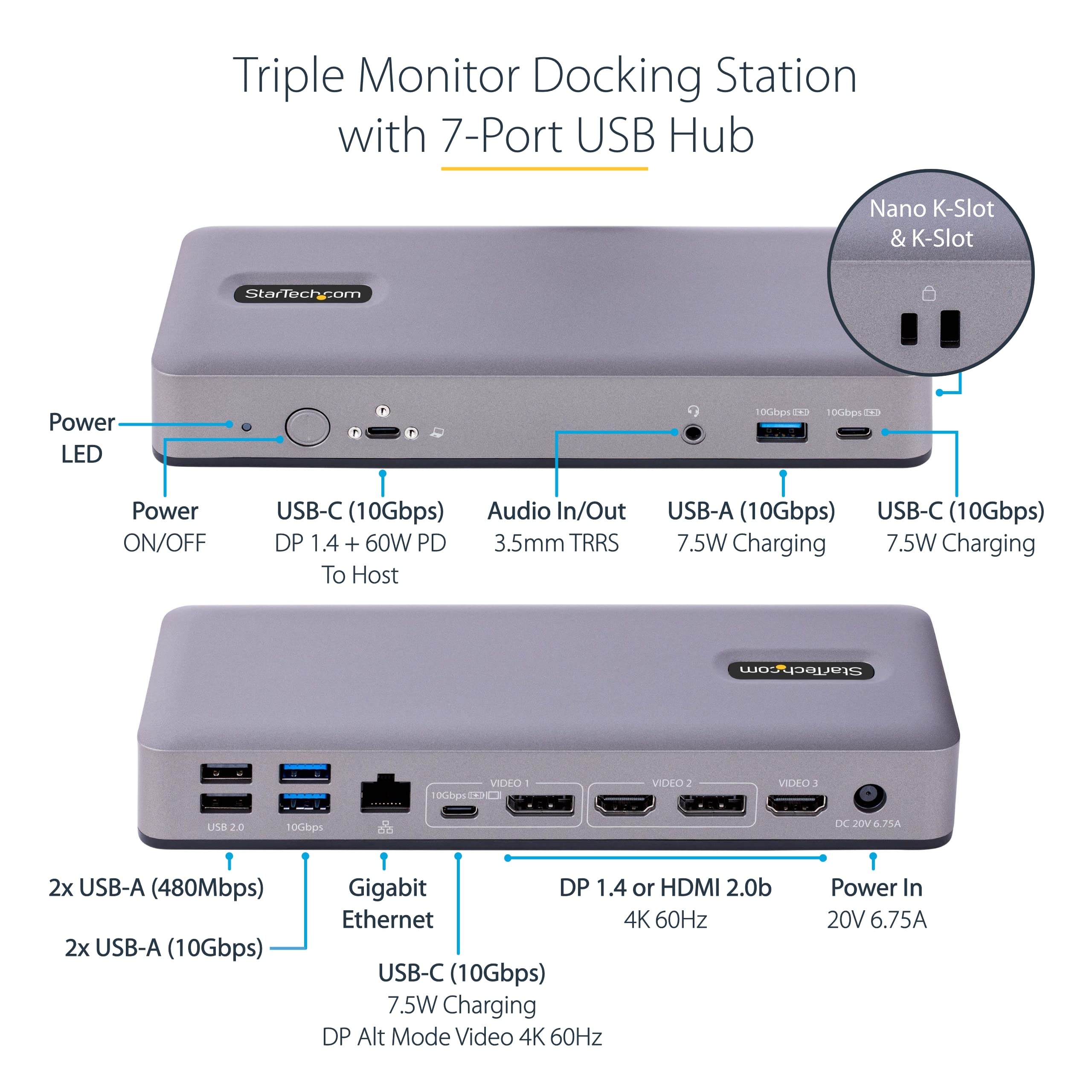 StarTech.com StarTech USB-C Docking Station Triple Monitor 4K30 Dual 4K60 7-Port USB Hub 60W Power Delivery GbE Audio Compatible with Chromebook TAA - View 4 of 9