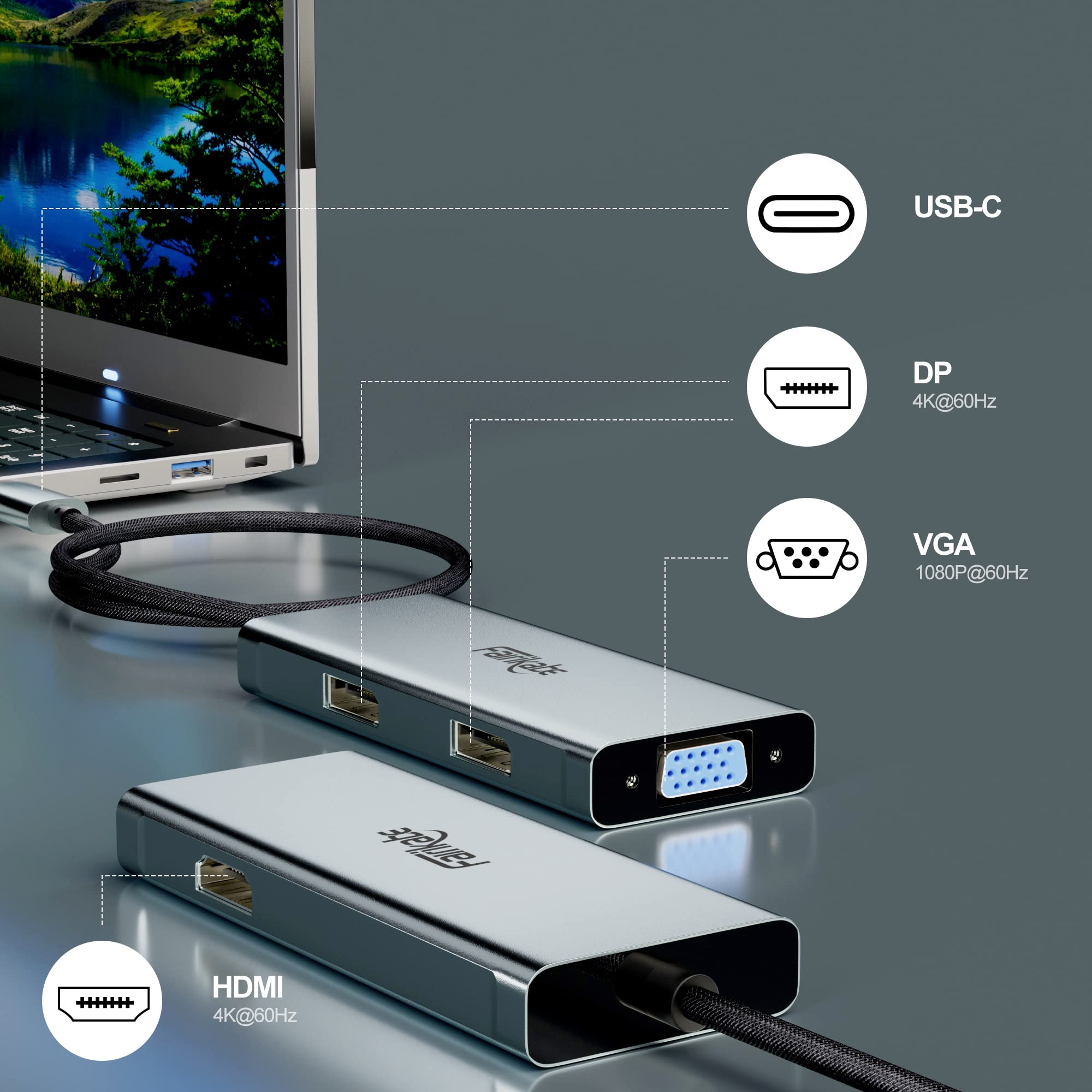 USB C Hub Multiport Adapter 4K HDMI VGA Dual DisplayPort MST Splitter Thunderbolt 3 Compatible for Windows PC and Mac OS Multi Monitor Converter - View 6 of 8