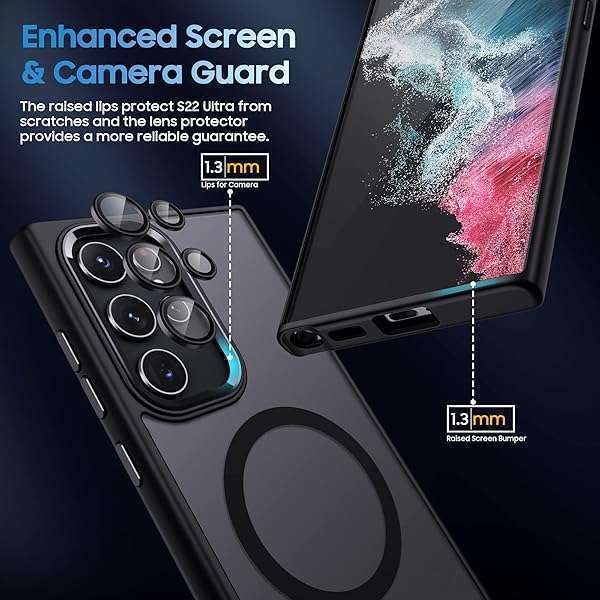 MAKAVO MAKAVO Translucent Matte for Samsung Galaxy S22 Ultra Case, Compatible with MagSafe, Slim Thin Magnetic Cover with Camera Lens Protector Shockproof Phone Shell (Black) - View 6 of 9