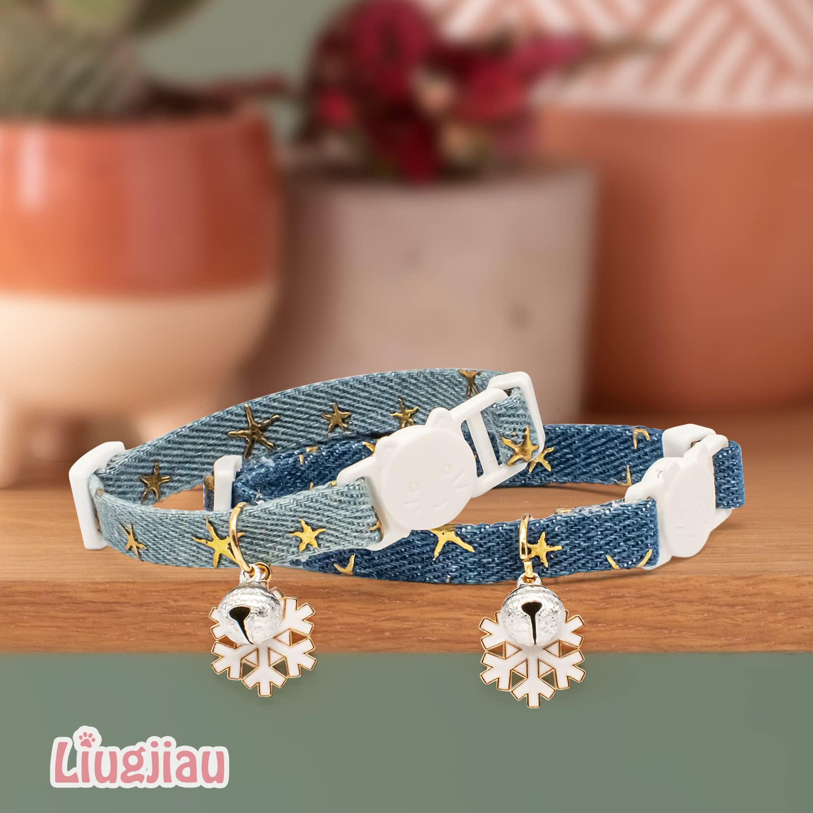 Liugjiau 2 Pack Cotton Breakaway Cat Collar with Bell Dark Blue Light Blue Snowflake Pendant Cute Kitten Collar for Boys and Girls - View 3 of 8