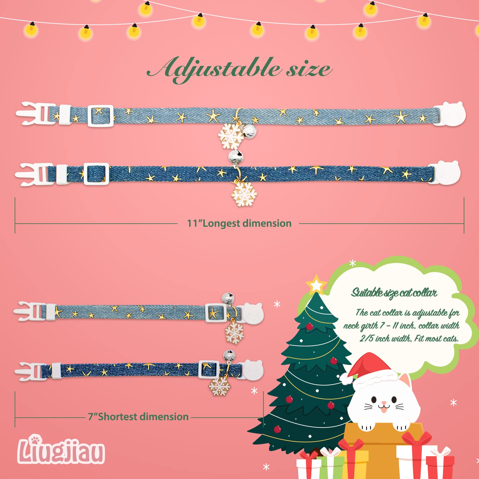 Liugjiau 2 Pack Cotton Breakaway Cat Collar with Bell Dark Blue Light Blue Snowflake Pendant Cute Kitten Collar for Boys and Girls - View 4 of 8