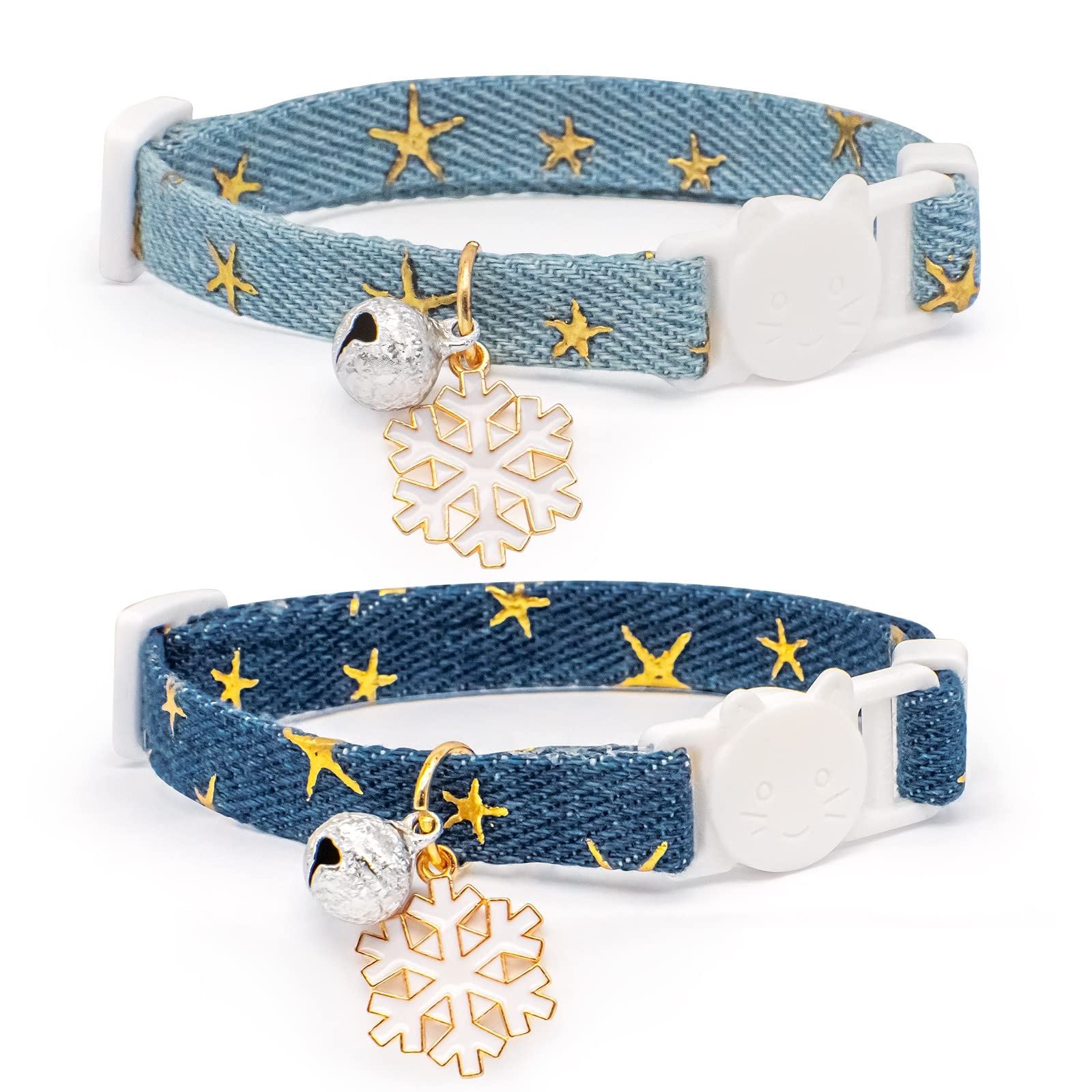 Liugjiau 2 Pack Cotton Breakaway Cat Collar with Bell Dark Blue Light Blue Snowflake Pendant Cute Kitten Collar for Boys and Girls