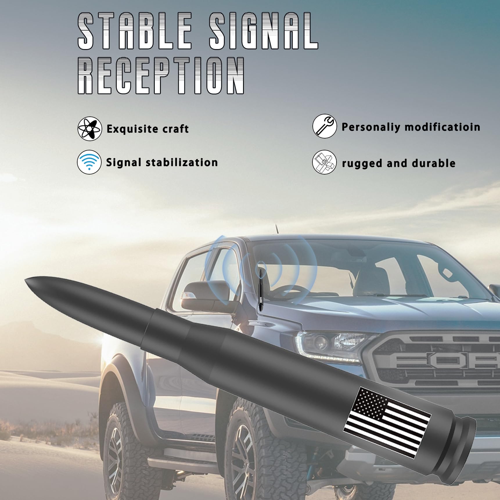 HVSTTPK American Flag Car Truck Antenna and Valve Stem Caps Universal Mast for GM Chevy Ford Heavy Duty Pickup Trucks Accessories - View 4 of 9