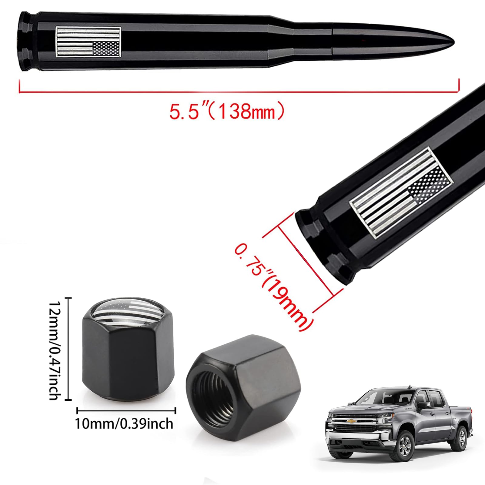 HVSTTPK American Flag Car Truck Antenna and Valve Stem Caps Universal Mast for GM Chevy Ford Heavy Duty Pickup Trucks Accessories - View 6 of 9