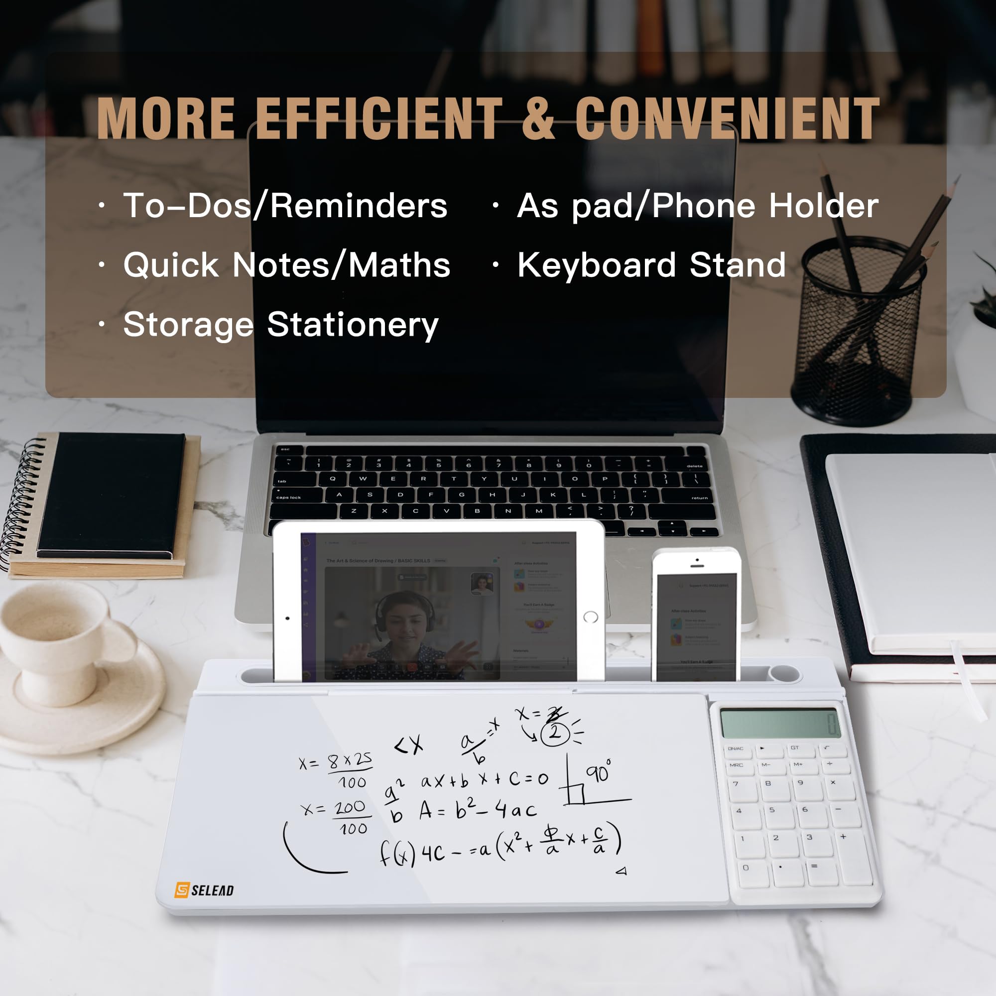 SELEAD Desktop Glass Whiteboard with Calculator and Built-in Mirror, Dry Erase White Board Computer Pad Keyboard Stand with Organizer Drawer, Desk - View 3 of 8